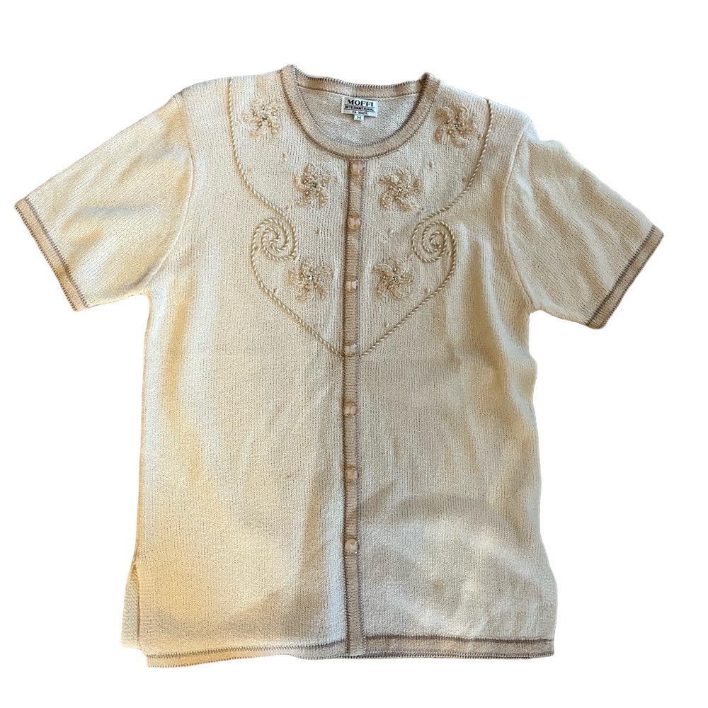 Moffi International Beaded Short Sleeve Cardigan Knit Sweater Cream Gold Medium